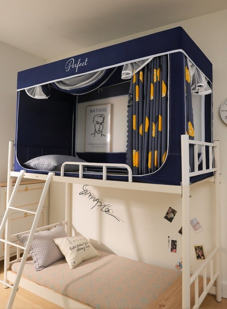 WALALLA Bed Canopy Tents Curtain Blackout Single Bed Tent Student Shading Cloth Canopy Dormitory Mosquito Net Sleep Privacy Protection with Frame for Children Bedroom Blue with Cartoon Lemon Pattern
